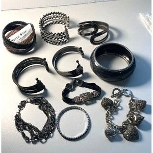Lot #37 10 Pieces Gunmetal & Silver Tone Stretch, Cuff, Hinged, Bangle Bracelets